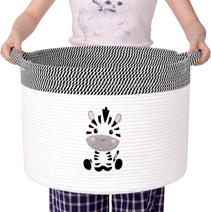 LemonRoad Extra Large Basket 20"x14", Woven Basket for Laundry Blanket Toy Box with Handle Storage, Blanket Storage for Living Room Nursery Pillows Chest(Cotton Rope,Zebra,Brown White)