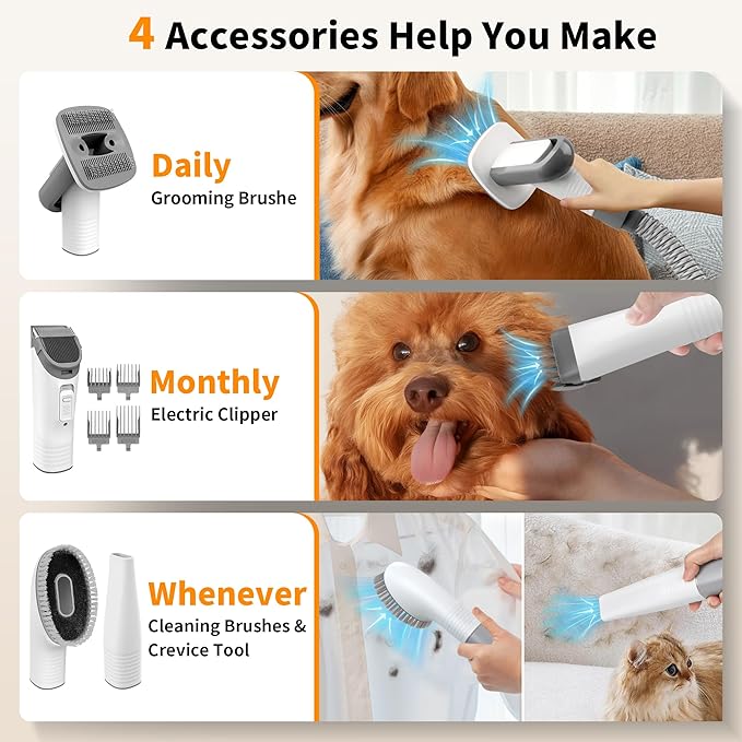 binROC Dog Grooming Vacuum Kit, Pet Grooming Vacuum with Electric Dog Hair Clipper, Grooming Brush, Cleaning and Crevice Tool with 1.5L Dust Cup 5 Grooming Tools for Shedding Pet Hair, Home Cleaning
