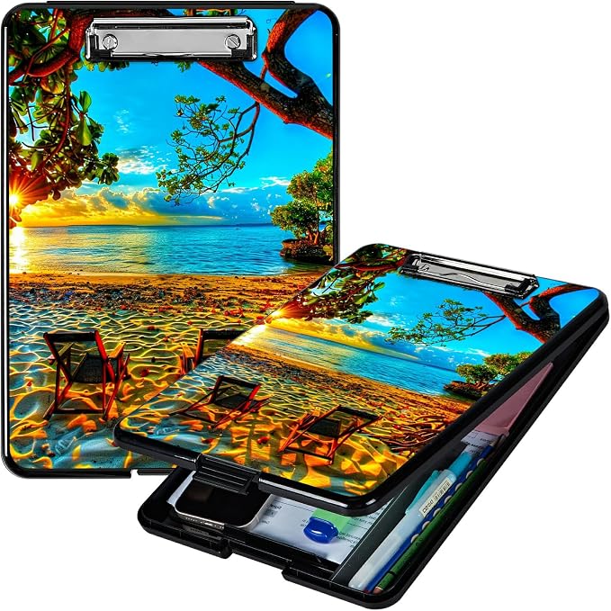 Beach Sunset A4 Clipboard with Storage Pen Holder, Clipboards Organizer Nursing Clipboard Foldable File Folder Plastic Clipboard Folio Clip Board for Office Students Classroom Doctor
