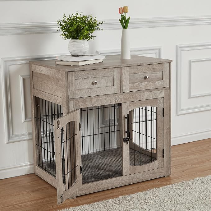 Dog Crate Furniture with 3 Doors,39.4" Large Dog Crate with 2 Drawer & Cushion,Wooden Dog House Kennel for Medium/Large Dog (31.5" l×23.6" w×32.1" h)