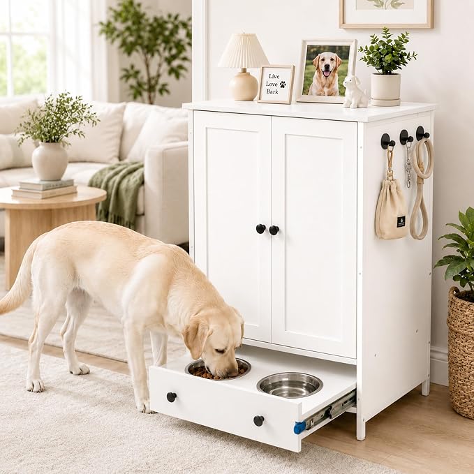 Dog Feeding Station with Storage Cabinet, Hidden Pull-Out Drawer | Metal Slide Rail, White Pet Food Storage Cabinet, 2 Elevated Bowls, Adjustable Shelf & 3 Hooks for Leashes, Collars, Toys