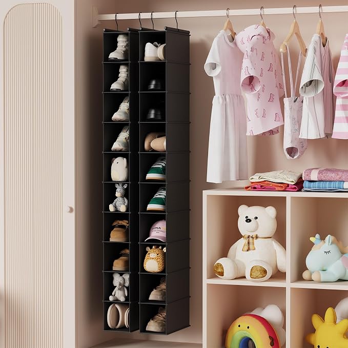 MAX Houser 2 Pack 10 Tier Foldable Hanging Shoe Organizer Black | Foldable Hanging Shoe Storage Shelf with 2 Metal Hooks, Space Saving Storage for Narrow Space