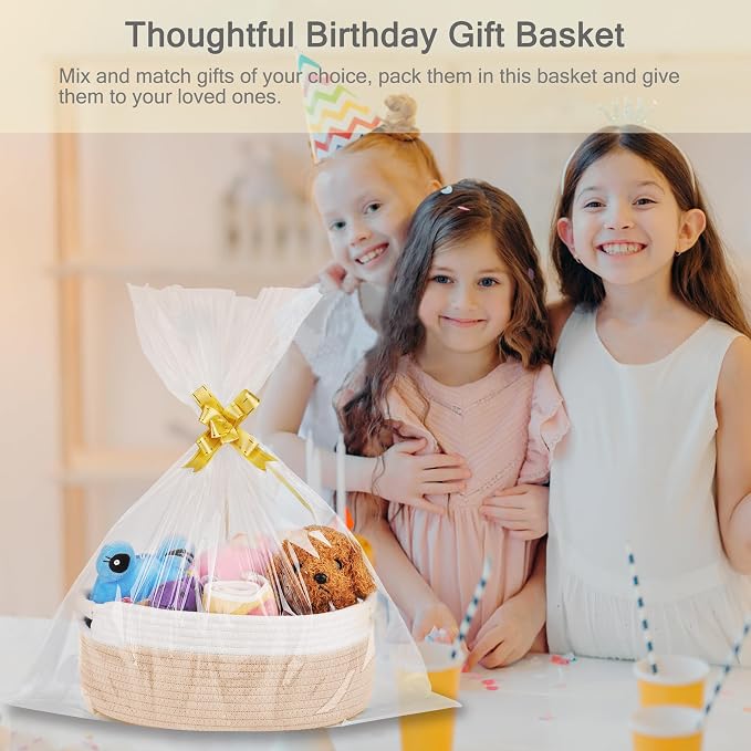 Small Woven Gift Basket with Bag & Ribbons, Beige | Cotton Rope, 13”x 9”x 5.5”, Fits for Kids, Women & Men, Bedroom, Living Room, Nursery & Bathroom Storage, Cat & Dog Toy Boxes