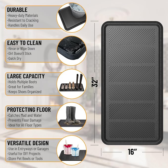 Ottomanson Indoor/Outdoor Boot Tray Non-Slip Rubber 16" x 32" Modern Entryway Mat for Entryway, Patio, Backyard, Garage, 16" x 32", Black