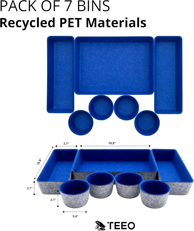 Teeo - Organizers for Drawers - Kitchen Drawer Organizers and Storage - Small Organizer Bins - Makeup Drawer Organizer - Home Office Desk Dividers Compartment Organization - Pack of 7, Royal Blue