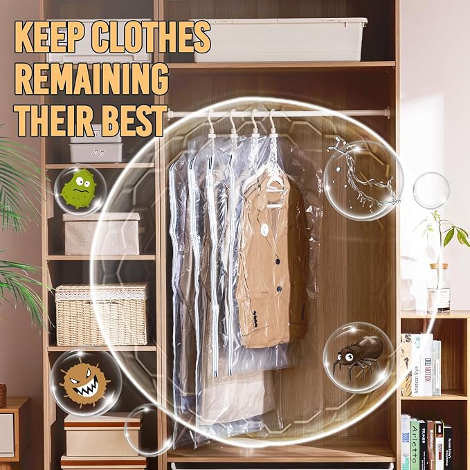 TAILI Hanging Vacuum Storage Bags for Clothes Space Saver 6 Long with Pump | Vacuum Seal Bags for Clothing Travel, Winter Clothes Storage Closet Organizers, Garment, Coats, Suits and Jackets