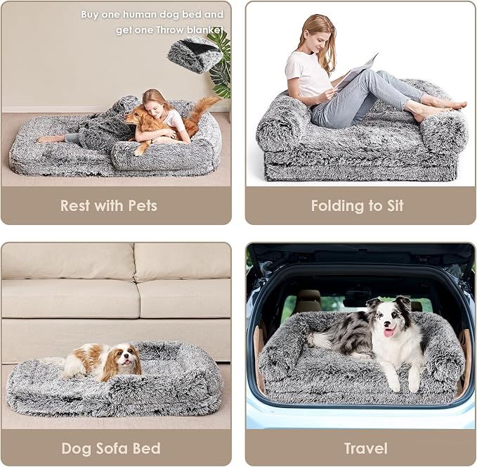 EHEYCIGA Foldable XXL Dog Bed for Large Sized Dog - 54x38x7.5, Faded Black | Faux Fur Fluffy Pet Couch Bed, Orthopedic Calming Memory Foam Big Pet Bed, Washable Pet Sofa Bed with Non-Slip Bottom