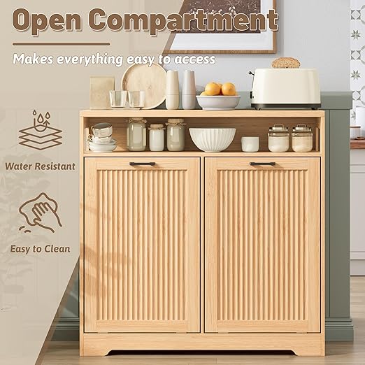 13 Gallon Double Tilt Out Trash Can Cabinet with Open Shelf & Storage - Pet Proof Hidden Recycling Cabinet & Wooden Laundry Hamper for Kitchen, Bathroom, Living Room, Natural Wood