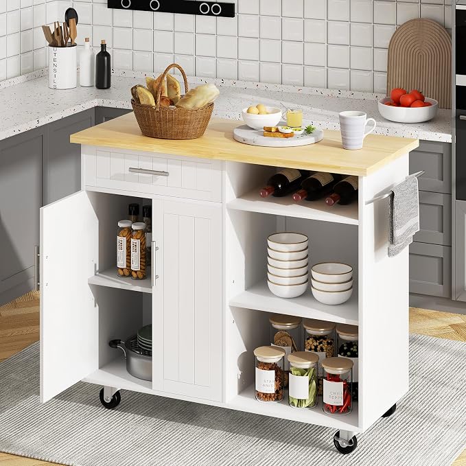 JY QAQA 42" Kitchen Island on Wheels with Storage Cabinet Kitchen Cart Cabinet with Shelves, Cart Handle for Towel Rack or Free Mobility, Portable Islands for Kitchen