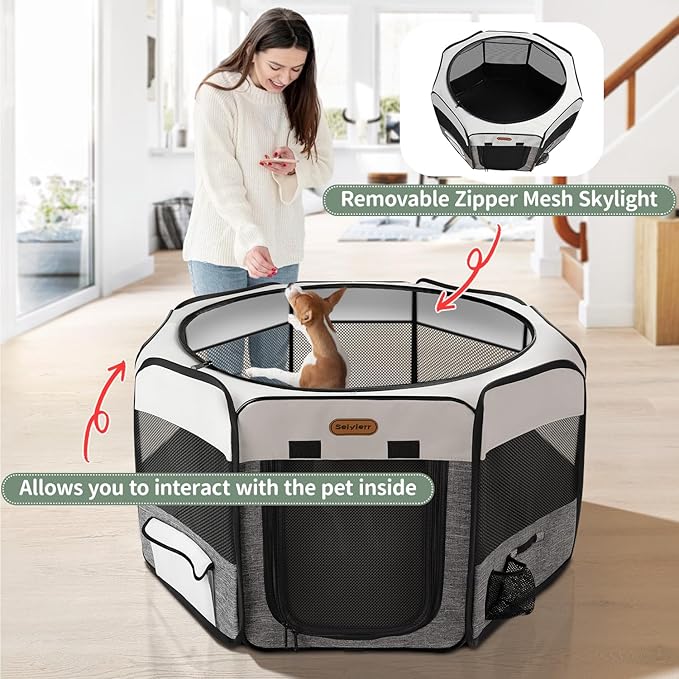 Seiyierr Puppy Playpen, 45" Portable Dog Playpen, Pet Playpen for Dogs Cats, Pop Up Playpen and Exercise Play Pen Dog Tent Indoor/ Outdoor, Removable Shade Cover