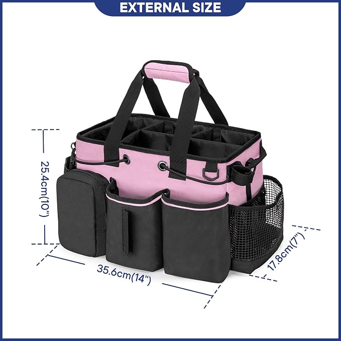 LoDrid Large Professional Cleaning Caddy with Detachable Divider, Pink | Cleaning Supply Organizer with Handle and Shoulder Strap for Housekeepers & Cleaners