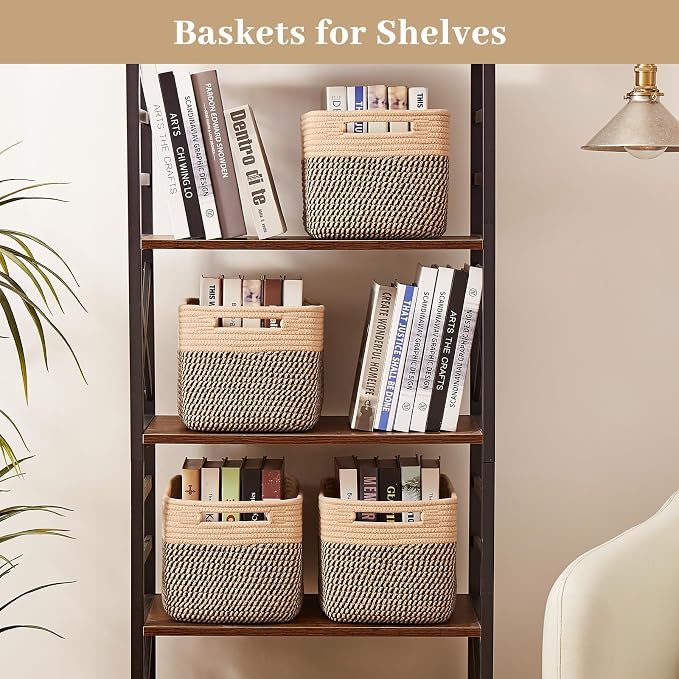 OIAHOMY 4 Pack Storage Basket, 13"x9"x7.8" Cotton Rope Baskets for Shelves, Closet Organizer for Bedroom & Living Room, Soft Decorative Bins for Organizing Towels, Books & Toys, Brown & Black