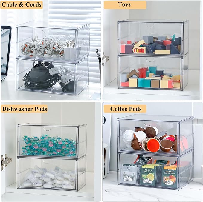Clear Plastic Drawer Organizer, 2 Pack, 2 Drawers | Stackable, For Office Supplies, For Marker Pen, For Art Crafts & Stationery, For Coffee Pods