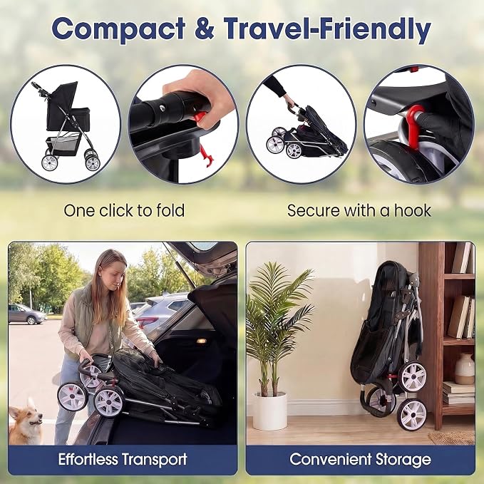 Giantex Foldable Pet Stroller for Small Dogs & Cats, Lightweight Dog Stroller with Lockable Wheels, One-Hand Quick Fold, Adjustable Canopy, Safety Leash & Storage Basket, Pet Travel Stroller, Black