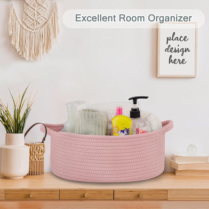 COMSE Empty Small Gift Basket with Bag & Ribbons, Dusty Pink | Cotton Rope, 12"x 8"x 5", Baby Toy Organizer, Stores Small Items for Bedrooms, Nurseries, Bathrooms, Living Rooms, Offices