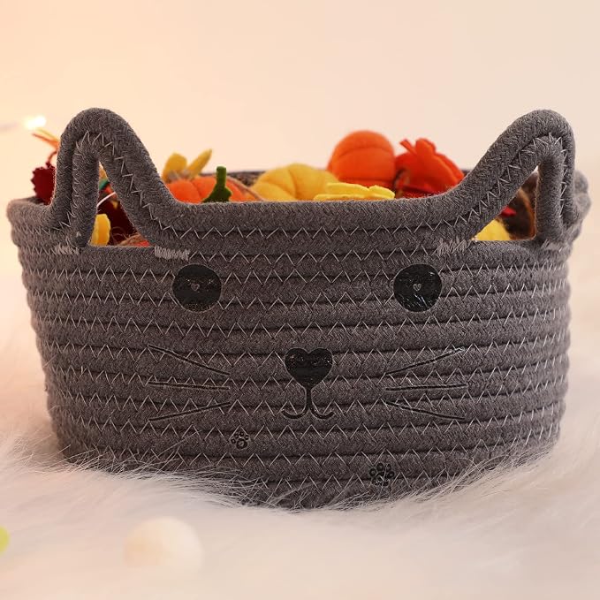 Zopeal Cat Storage Basket Woven Organizer with Ears Decorative Gift Cute Cotton Rope Pet Toy Basket for Gift Cat Dog Toy Bin Nursery Room(8.3 x 4.7 Inch,Gray)