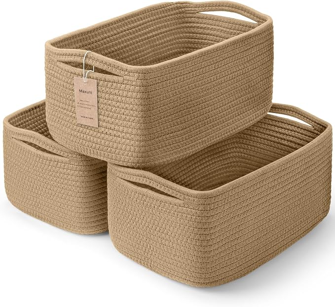 3 Pack Storage Baskets for Organizing, 13.7×9.5×6.3", Brown | Woven Baskets for Shelves, Cotton Rope Basket for Gifts Empty, Closet Organizer Bins with Handles, Cube Decorative Box
