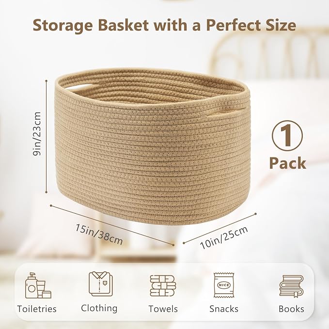 ECDYQXVU 15x10x9 Inch Woven Cotton Rope Storage Basket, 1 Pack | Foldable Design, Built-in Handles, Space-saving Organizer for Living Room, Bedroom, Laundry, Shelves, Clothes, Towels
