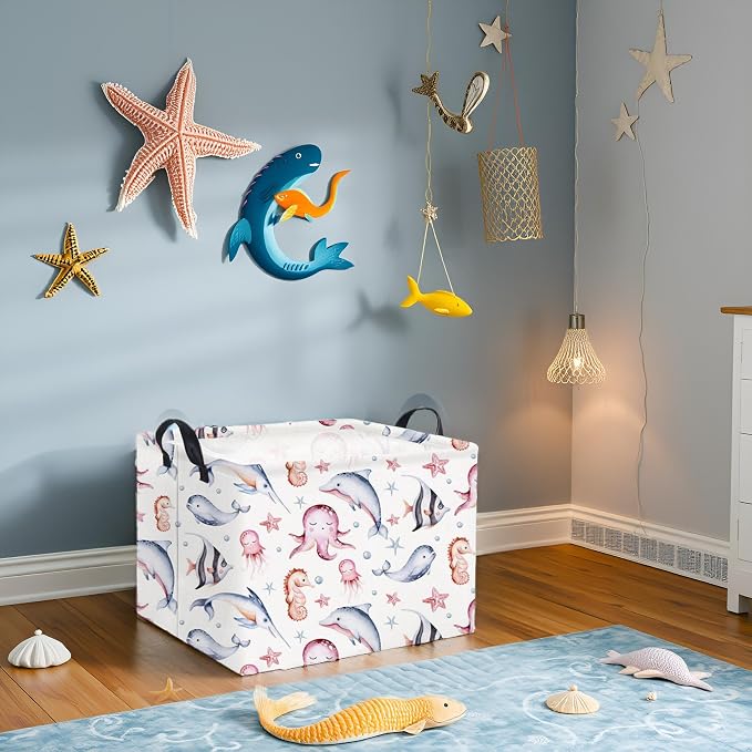 Rectangular Ocean Basket for Kids Baby Basket for Boys and Girls Cute Storage Organizer Bin Box Sea Fishes Room Decor(Sea Fishes)