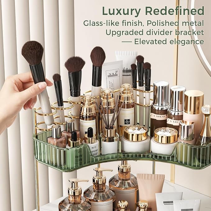 BEFSOP Corner Bathroom Counter Organizer, Upgraded 3-Tier Makeup Organizer Countertop with Makeup Brush Holder, Skincare Exquisite Vanity Organizers Countertop Bathroom Storage Dresser(Green)