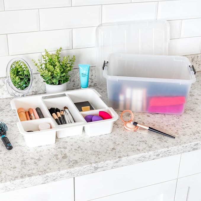 IRIS USA 18 Quart Clear Storage Organizer with Removable Dividers | Removable dividers organize tools, pantry goods, and household supplies. Stackable design saves space