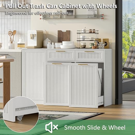 Double 13 Gallon Pull Out Trash Can Cabinet with Storage Cabinet,White | Pet Proof Hidden Garbage Can Cabinet,3-Tier Shelves,Fluted Design,Extra Drawer Space,Kitchen & Dining Room Organization