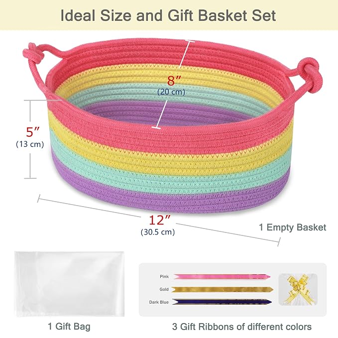 Small Empty Gift Basket with Bag & Ribbons, Rainbow | 12“x8”x5”, Cotton Rope Woven Basket for Birthdays, Baby Showers, Mother's Day, Christmas; Stores Small Items, Kids & Pet Toys