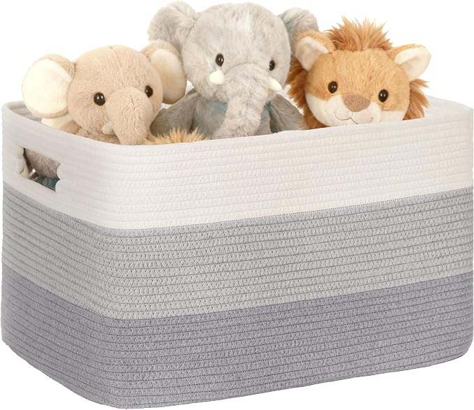 45L Small Woven Laundry Basket Hamper with Handles, Gradient Grey | collapsible wicker hamper, storage for dirty clothes, toys, blankets, gifts, living room, bedroom, bathroom, 18"x14"x11"