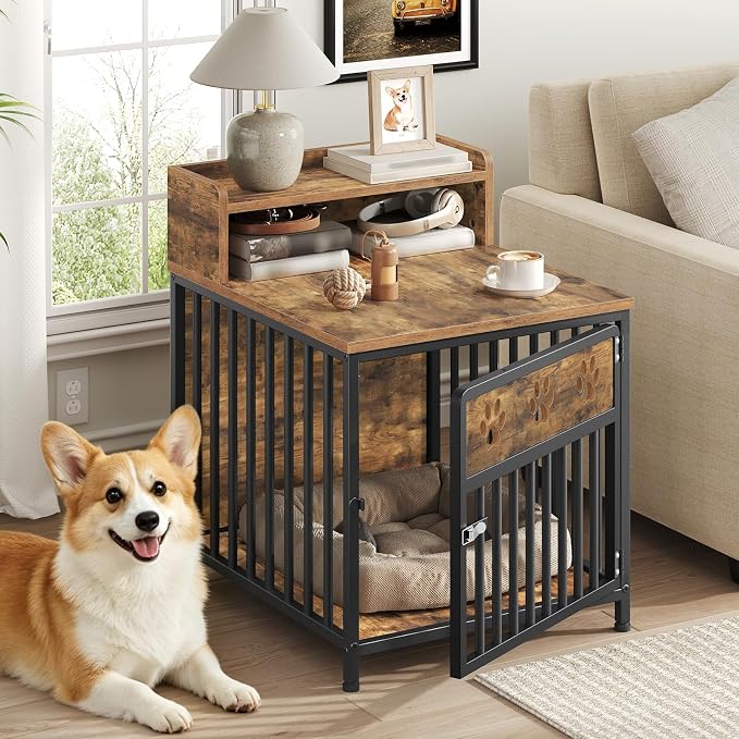YATINEY Dog Crate Furniture, Wooden Dog Kennel with Storage, Indoor Pet Crate End Table, Two-Tier Small Dogs House, Chew-Proof, for Living Room, Bedroom, Black and Rustic Brown DC01BR
