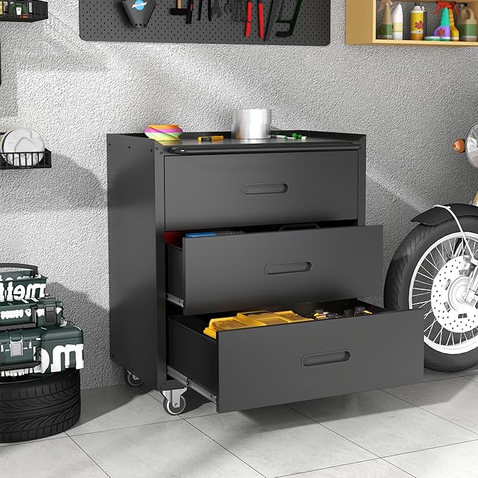 Metal Storage Cabinet for Garage, Tool Cabinet, Utility Cabinet | Wheeled, Rolling Tool Cabinet, 3 Drawer, Top Countertop, Assembly Required, Black