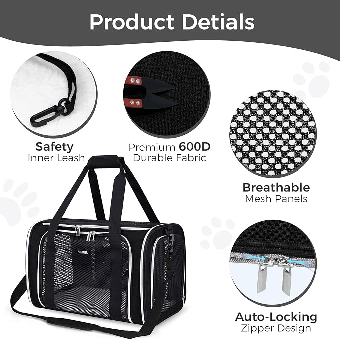 BAGLHER Pet Travel Carrier, Cat Carriers Dog Carrier for Small Medium Cats Dogs Puppies, Airline Approved Small Dog Carrier Soft Sided, Collapsible Puppy Carrier. Black