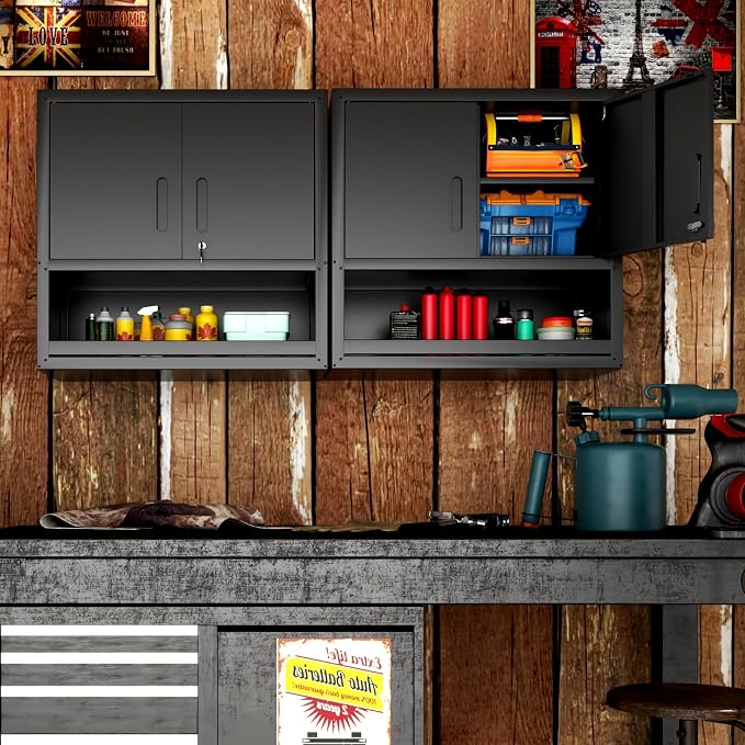 Metal Storage Cabinet for Garage, Tool Cabinet, Utility Cabinet | Wall Mounted, Hanging Tool Cabinet, Lockable, 2 Doors, Open Storage Compartment, Assembly Required, Black