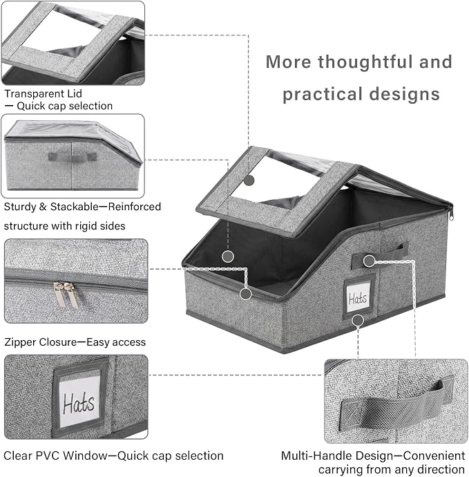 Furlide Hat Organizer for Baseball Caps, 2 Pack Stackable Storage Boxes | Protects 24-30 Caps From Dust and Pet Hair; Stackable Base, Clear Window, Front Opening and Handles Simplify Closet Storage.