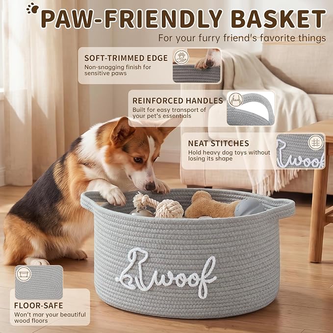 OIAHOMY 22L Large Dog Toy Basket, 16.5"x11.4"x9" Cotton Rope Basket with Cute Woof Embroidery, Soft Woven Pet Toy Box with Handles for Blankets, Leashes & Puppy Accessories, Decorative Organizer Gray