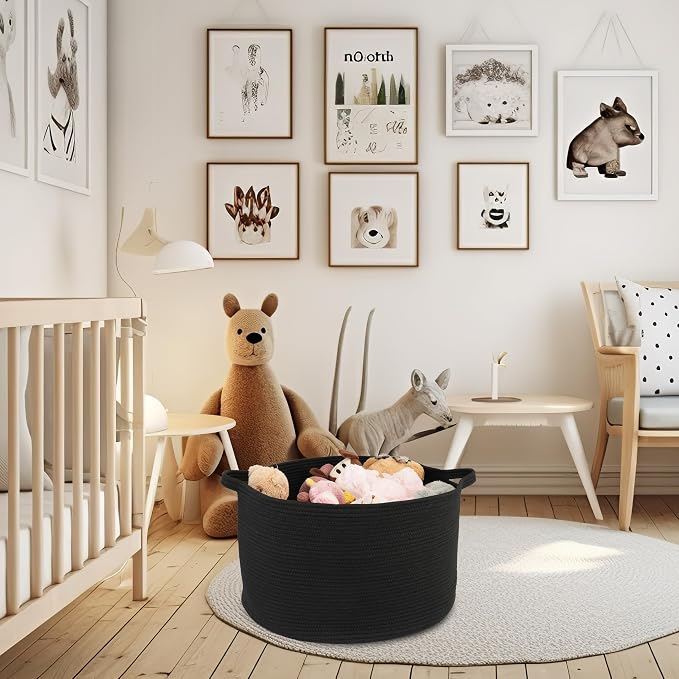 XUANGUO Extra Large Cotton Rope Round Storage Basket 22" x 14" Black | Woven basket for blankets, toys, towels, laundry, nursery, living room and pet toy storage.
