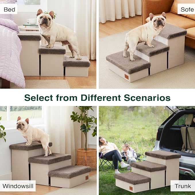 Love's cabin Dog Stairs for High Bed, Foldable Pet Stairs for Small Medium or Large Dogs Puppy with Storage for Bed or Couch, Cat Dog Steps Ramp with Zip up to 200 lbs, Brown, 3 Steps
