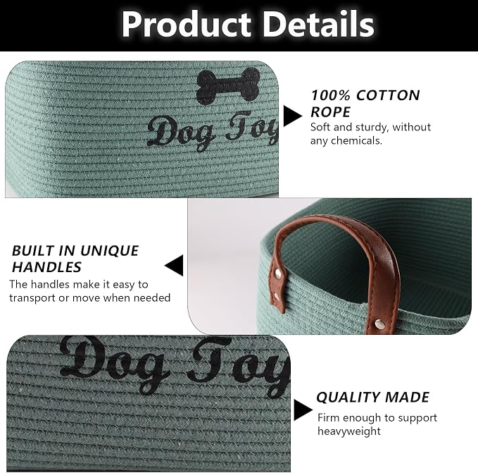 X-Large Cotton Rope Dog Basket with Leather handle Blanket Storage Basket Decorative Clothes Hamper Basket | Extra Large Baskets for Blankets or Laundry-Geen