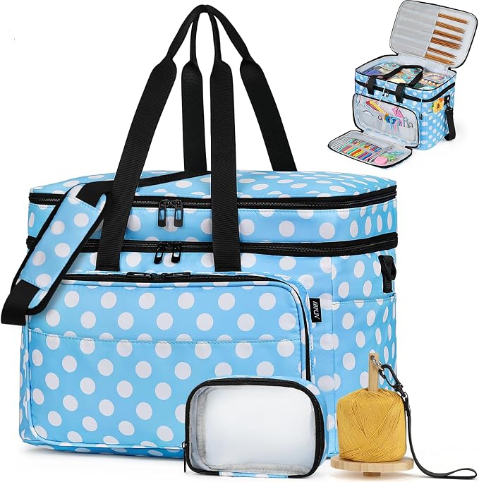 Crochet Organizer Bag with Yarn Holder, Large Yarn Storage for Accessories | 3PCS Crochet Knitting Bag with Accessory Pouch for Hooks, Needles, Travel Tote, Crochet Lovers, Gift for Crafters, No-Tangle
