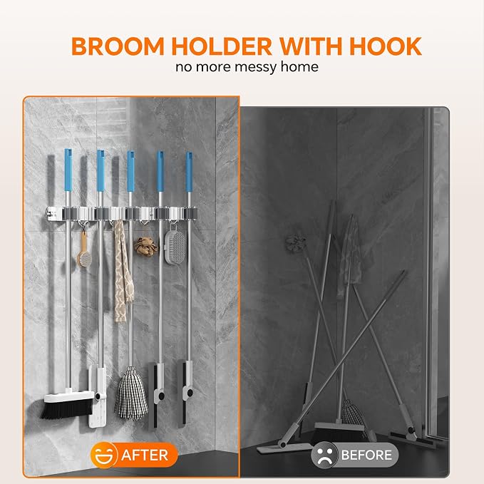 5 Grippers Broom Holder Wall Mount with 4 Hooks Stainless Steel, Silver | Self Adhesive or Screw Mop and Broom Organizer, Heavy Duty Storage Rack for Garden Closet Laundry Room Kitchen Garage