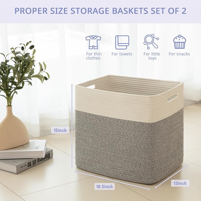 OIAHOMY 2 PACK Tall Storage baskets 55L Blanket Basket Living Room Grey | Large Collapsible Storage Bins Narrow Basket Baskets for Closet Organization Storage Baskets for Shelves Toy Storage Basket