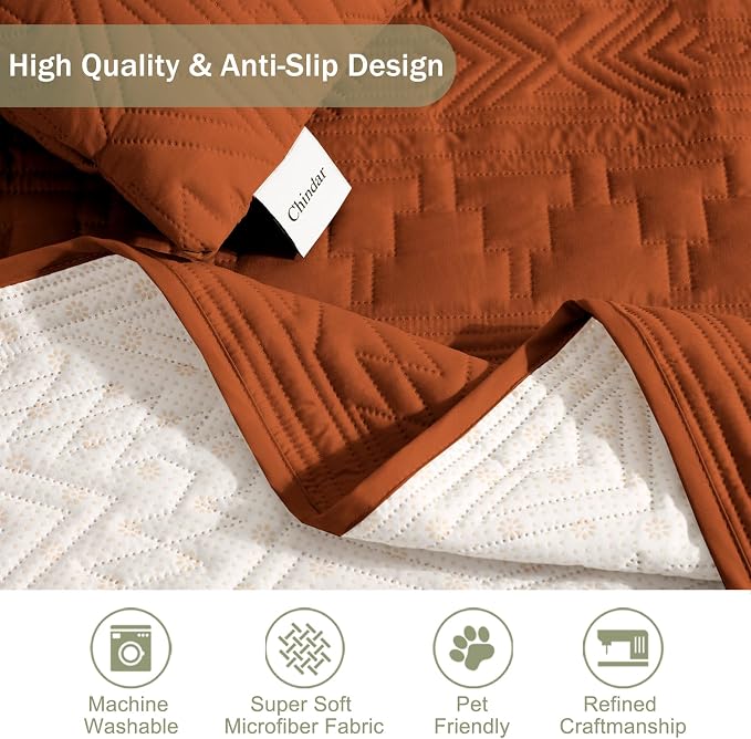Boho Quilted Pet-Friendly Couch Covers with Pockets, Anti-Slip Aztec Couch Covers for 3 Cushion Couch, CouchCovers for Sofa Water-Repellent SofaCovers Washable (Large Sofa 68", Burnt Orange)