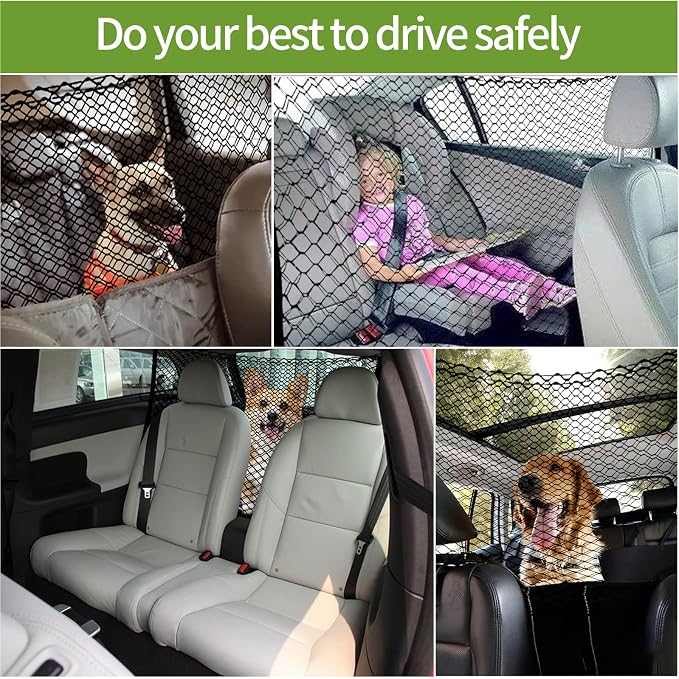 Car Dog Barrier Net, Hook Up Elastic Envelope Luggage Net (47.24" x 33.85") Dual Layer Safety Net for Pet Dog Vehicle Universal Mesh Barrier Guard Blocks Access to Car Front Seats Organiser Bag