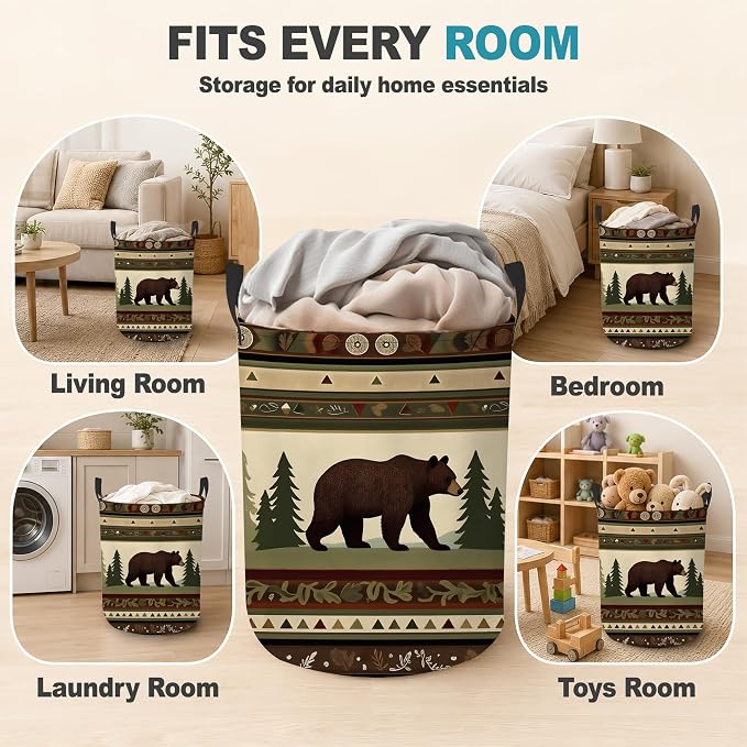 Laundry Hamper,Rustic Bear Forest Collapsible Laundry Basket with Handles,Lodge Cabin Waterproof Oxford Cloth Clothes Organizer for Bedroom Bathroom Dorm Nursery,16 x 20 Inch