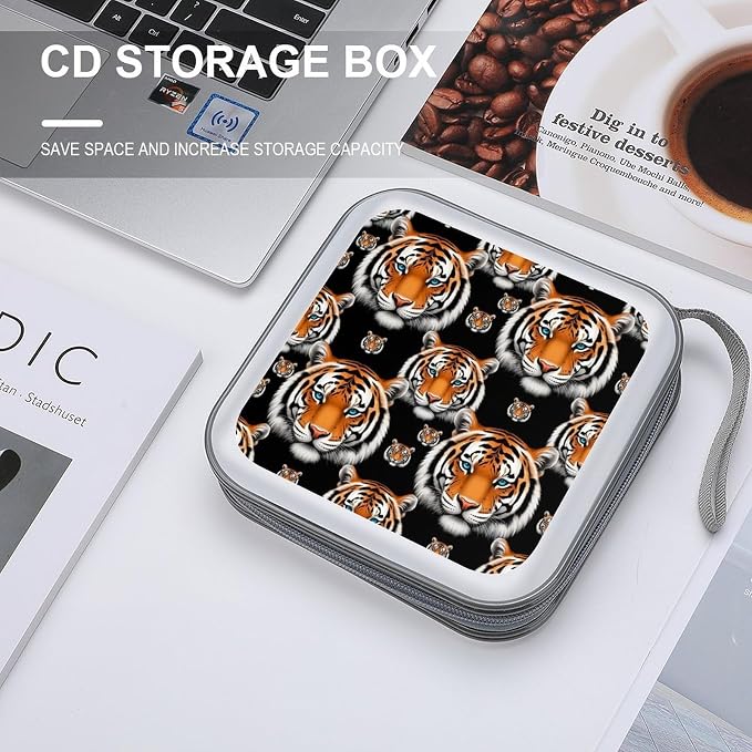 Protective 40-Capacity CD Organizer White Tiger, Hard Case Storage Binder with Zipper, Portable Wallet for Car Home Office