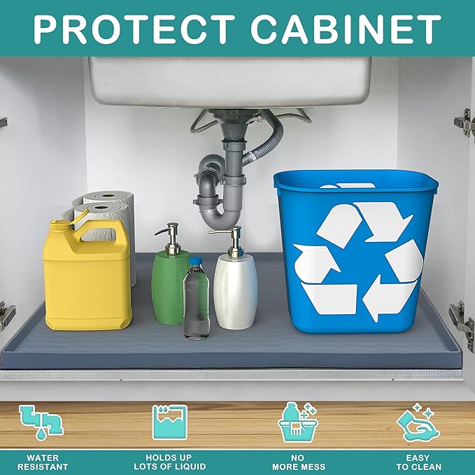 URMONA Waterproof Silicone Under Sink Mat 34'' x 19'' Shelf Liner for Kitchen and Bathroom, Cabinet and Counter Protector, Storage and Organizers, Litter Mat, Pet Cat Puppy Essentials(Dark Grey)