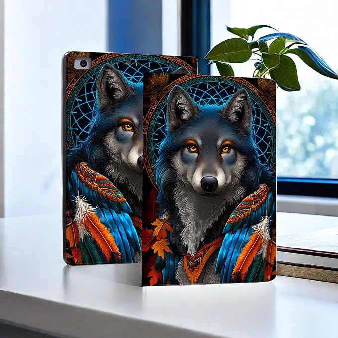 for Microsoft Surface Pro 7 Plus,Surface Pro 7/6/5/4 12.3" Tablet Case,Auto Wake/Sleep,Adjustable Stand Protective Cover - Wolf Dreamcatcher