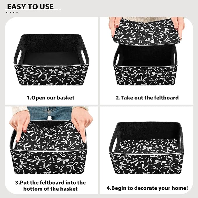 Emelivor Black White Bow Storage Basket Bins Set (2pcs) Felt Foldable Storage Bins with Dual Handles Dog Basket for Pet Books Clothes Closet Cabinet Organise