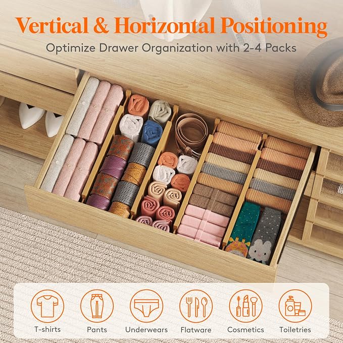 Lifewit 4" High Dresser Drawer Dividers, Adjustable Bamboo Drawer Organizer | 8 Pack 17"-21.5" Expandable Drawer Separator for Clothes, Utensils, Kitchen, Cabinet, Closet, Nursery Organization & Storage