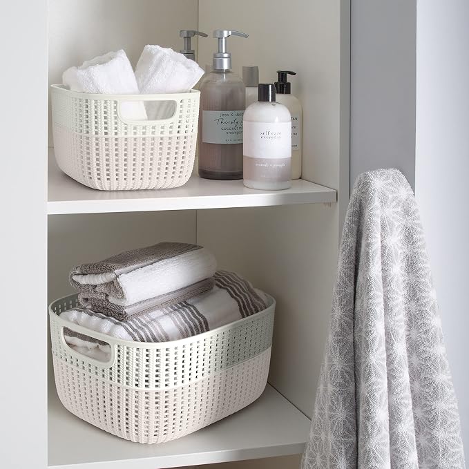 Simplify 2 Pack 2 Tone Sailor Knot Plastic Storage Tote | Decorative Basket | Closet Organization | De-clutter | Accessories | Toys | Bathroom Organization | Medium | Ivory