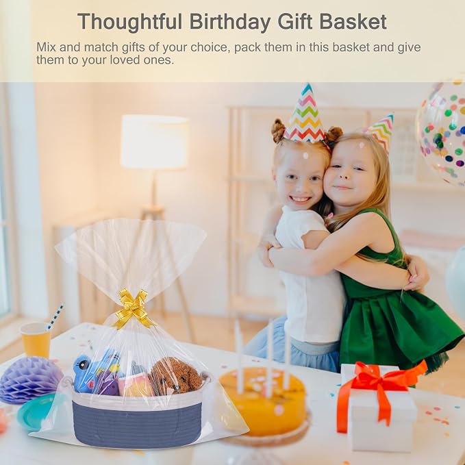 Small Empty Gift Basket with Bag & Ribbons, White & Folkstone Gray | 12“x8”x5”, Cotton Rope Woven Basket for Birthdays, Baby Showers, Mother's Day, Christmas; Stores Small Items, Kids & Pet Toys